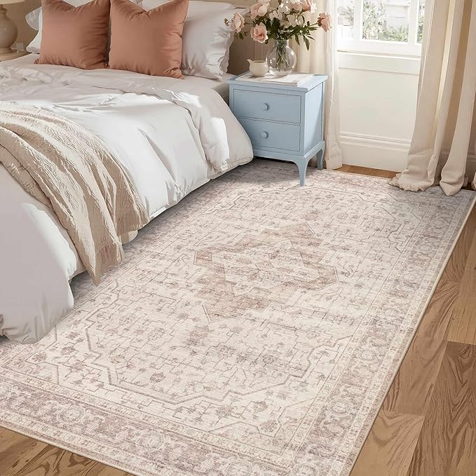 Rugxara 3x5 Washable Entryway Rug, Non Slip Boho Runner Rugs for Hallway, Entrance, Kitchen, Bathroom, Laundry Room, Soft Entryway Carpet, Throw Low Pile Retro Imitation Wool Carpet, Pink
