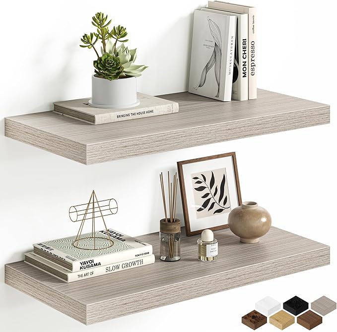 Floating Shelves for Wall, 24 Inch Floating Shelves Set of 2, Wall Mounted Rustic Wood Shelf for Bathroom, Living Room, Bedroom and Kitchen, Hanging Shelf for Storage, Books, Home Decor, Gray