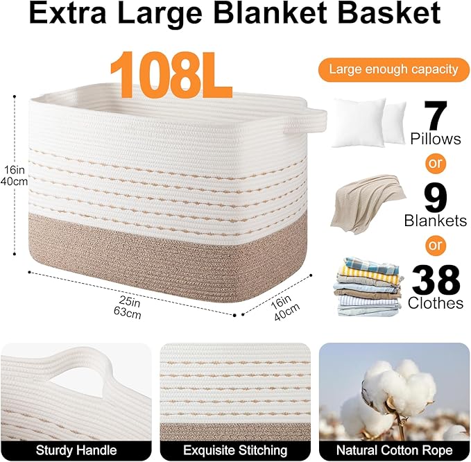 OIAHOMY 108L Extra Large Blanket Basket, 25”x16”x16” Rectangle Woven Cotton Rope Baskets for for Living Room, Toy Storage with Handle- Gradient Light Brown