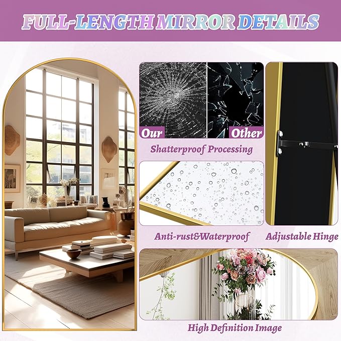 Full Length Mirror, 78"x38" Arched Floor Mirror Freestanding, Floor Standing Full Body Mirror with Stand for Bedroom, Hanging Mounted for Living Room Cloakroom, Gold