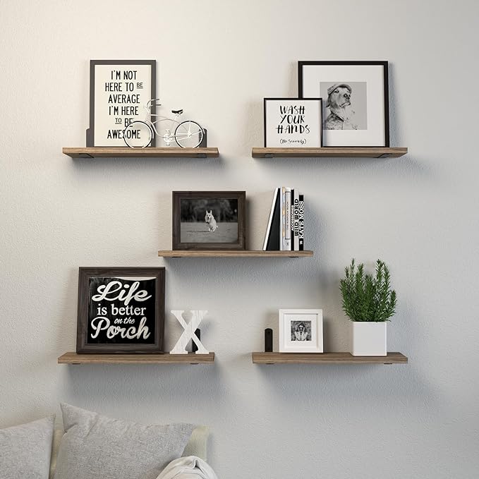 DOLLFIO Floating Shelves, 5 Sets Wall Shelves, Wood Floating Shelves for Bedroom Wall Décor, Wall Mounted Floating Bathroom Shelf for Storage, Floating Book Shelf, Living Room – Rustic Brown