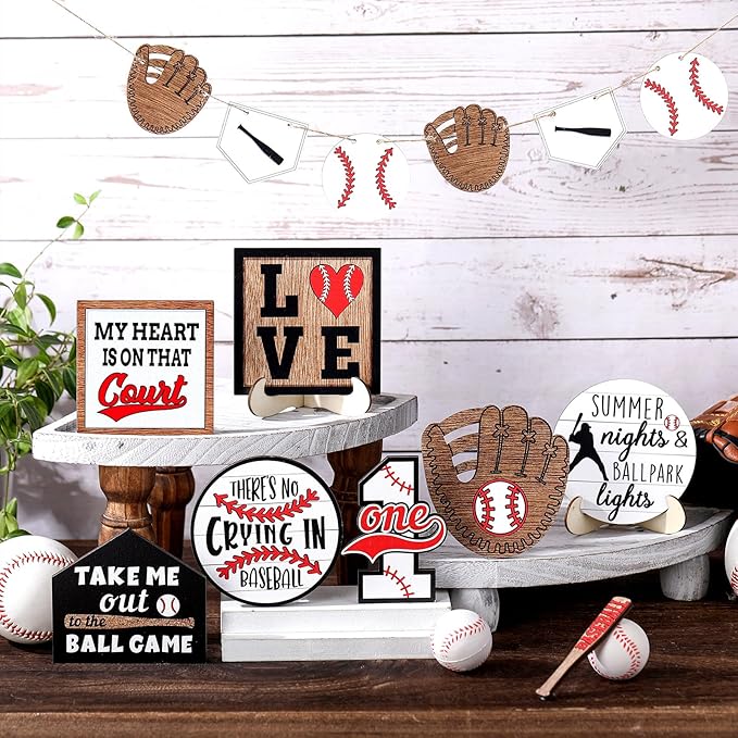 13 Pcs Baseball Tiered Tray Decor Wooden Table Centerpieces Rustic Wooden Baseball Game Sign for Fans Theme Party Ceremony