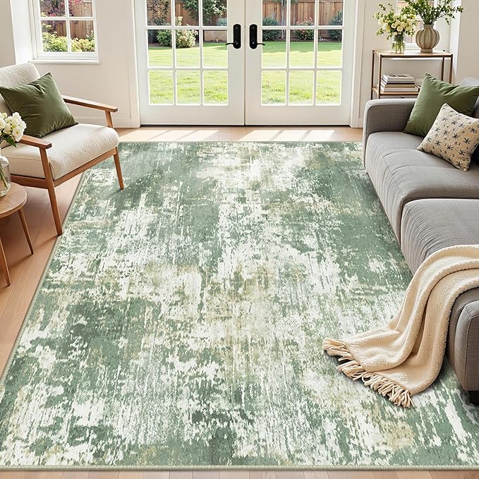 RELEANY Washable Area Rugs 7'x9' Non-Slip Modern Abstract Soft for Living Room Entryway Bedroom Nursery, Print Pattern, Light Green/Yellow