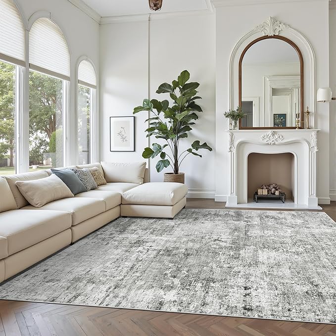 Soalmost Abstract Rug 8x10 Large Living Room Rugs Neutral Modern Washable Area Rugs for Bedroom Dining Room Non-Slip Stain Resistant Foldable Thin Rug Gray White