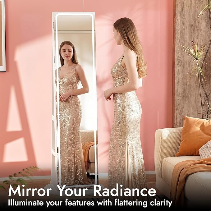 Zamildon's LED Mirror Jewelry Armoire, 360° Swivel Mirrored Jewelry Storage Cabinet with Interior LED Lights, Full Length Mirror Floor Standing Jewelry Organizer with Storage Shelves (White)