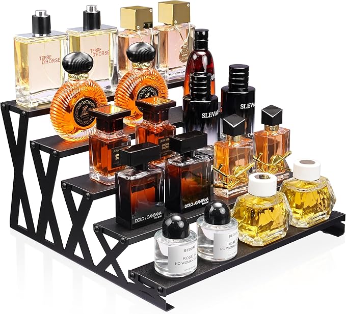 KALYLOC 5 Tier Wooden Display Riser Stand 13.8 Inch Metal Step Perfume Stand Organizer Tabletop Tiered Display Shelf Rack for Cologne Cupcake Spice Figures Cosmetics Candles (Black, X-Shape)