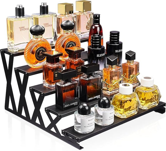 KALYLOC 5 Tier Wooden Display Riser Stand 13.8 Inch Metal Step Perfume Stand Organizer Tabletop Tiered Display Shelf Rack for Cologne Cupcake Spice Figures Cosmetics Candles (Black, X-Shape)
