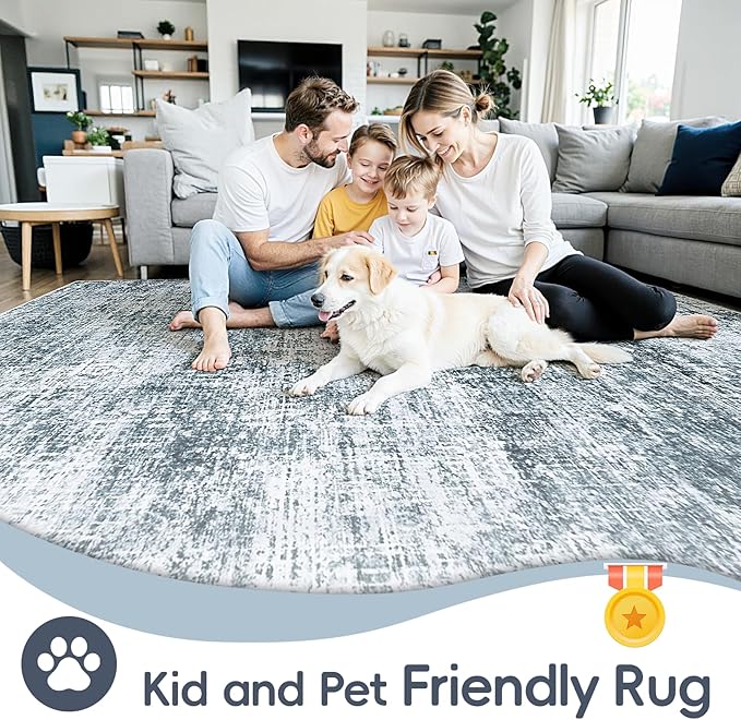 9x12 Area Rugs Washable Rug:Anti-Skid Abstract Modern Living Room Rug Soft Thin Carpets Indoor Floor Non-Shedding Carpet for Bedroom Dining Farmhouse Nursery Home Office(Light Slate Blue/White, 9x12)
