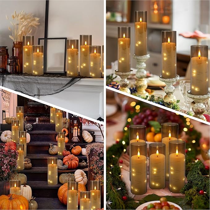 12-Pack Gray Acrylic Flameless LED Candles with Embedded String Lights - Remote Control for Holiday & Home Decor,Wedding.