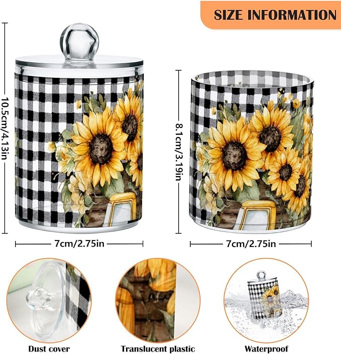 2 Pack Apothecary Jars Yellow Truck with Sunflowers Bathroom Vanity Storage Organizer Set,Small Clear Plastic Storage Jars Bathroom Canister for Cotton Swabs, Rounds, Balls, Qtips,Makeup Sponge