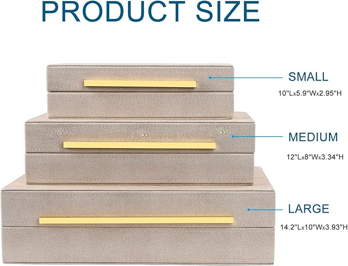 Ivory Shagreen Box Set Of 3 Faux Leather Decorative Boxes, Large Modern Nesting Storage Decorative Boxes with Lids for Home Decor Stacking jewelry Box Organizer