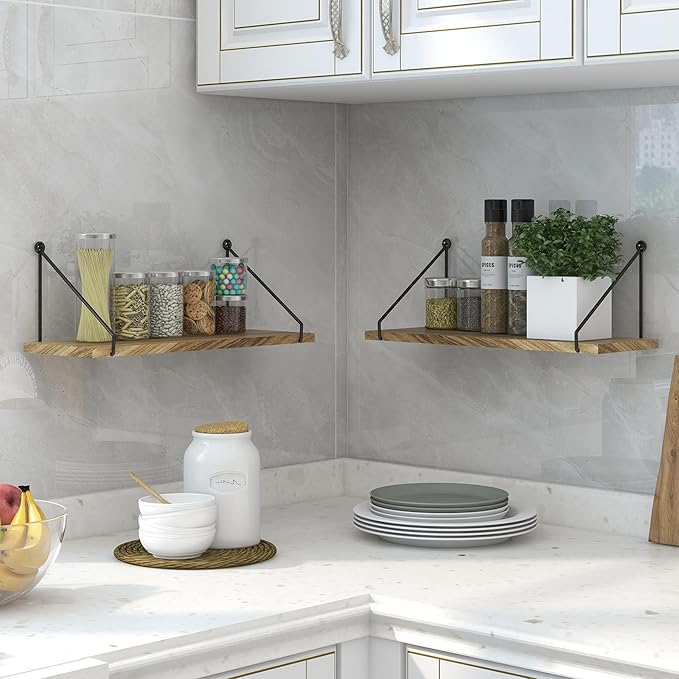 Sapowerntus Floating Shelves Wall Mounted Shelf Rustic Light Wood Bathroom Bedroom Kitchen Hanging Storage Organizer with Triangle Metal Brackets Farmhouse Living Room Office Home Decor Set of 2