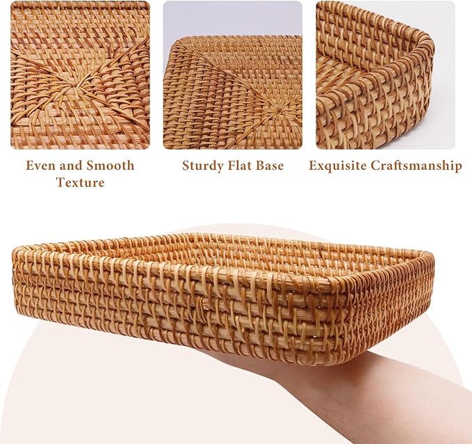 Rattan Storage Baskets, Rectangular Woven Baskets for Storage, Key Basket for Entryway, Decorative Storage Baskets for Organizing for Living Room, Bedroom, Kitchen(8.3" × 8.3" × 1.6")