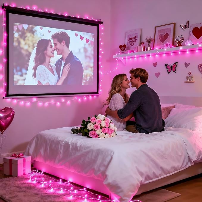 JMEXSUSS Connectable 100 LED Pink Christmas Lights, 33ft 8 Modes Room Lights Clear Wire, Plug in Pink String Lights Indoor Outdoor for Room Decor Christmas Tree Bedroom Valentines Party
