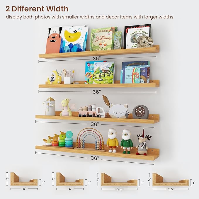 Axeman Picture Ledge Shelf | 36 Inch Oak Floating Shelves Set of 4 | Rustic Wood Wall Shelves with Lip | 36" Oak Picture Shelves for Wall with Ledge | Photo Shelves