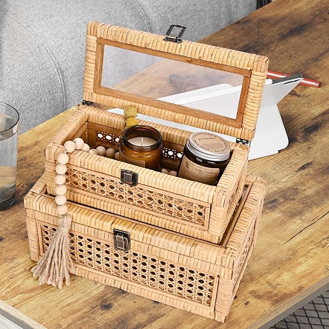 HUAXIN CRAFT H Rattan Decorative Box with Lid, Rectangular Woven with Glass for Display, Set of 2 Wicker for Decor
