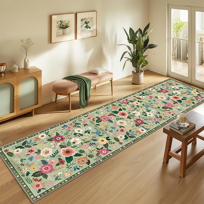 RELEANY Floral Nursery 2x8 Area Rugs Washable Print Boho Cute Carpet Non Slip Flower Low Pile for Living Room Kids Girls Playroom Bedroom Kitchen Office Farmhouse-Light Green