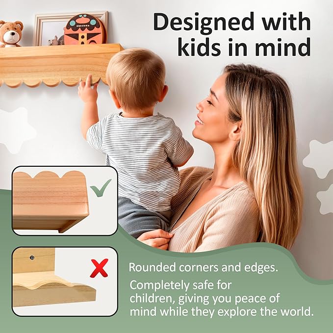 Floating Nursery Book Shelves (Set of 2), Scalloped Book Shelf - Kids Wall Bookshelf, Nursery Decor, Floating Shelves for Wall (24 inches Length), Scalloped Wall Shelf