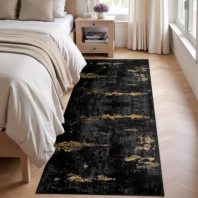 RELEANY Washable Area Rugs 2'x6' Non-Slip Modern Abstract Soft for Living Room Entryway Bedroom Nursery, Print Pattern, Dark Black Gold