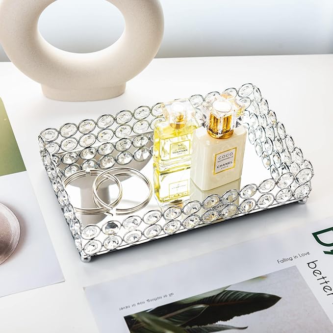 Feyarl Crystal Perfume Tray Cosmetic Makeup Vanity Tray Jewelry Trinket Rings Earrings Organizer Decorative Tray Storage for Home Deco Wedding Dresser Coffee Tabletop Girl Women Gift(10" x 6 "Silver)