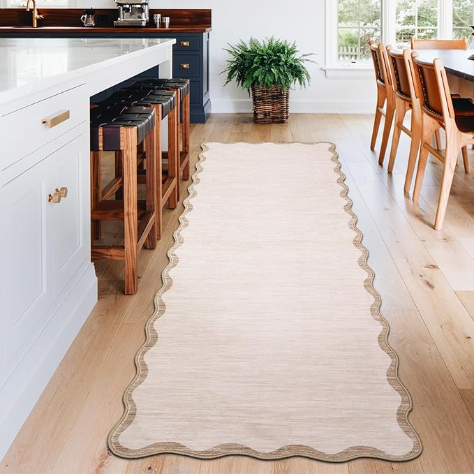 GarveeHome Scalloped Washable Runner Rug 2'6'' x 10' Non Slip Kitchen Rugs Modern Beige Indoor Entryway Rug Farmhouse Soft Bath Mat Stain Resistant Carpet for Bedroom Hallway Laundry 2'6'' x 10' Beige