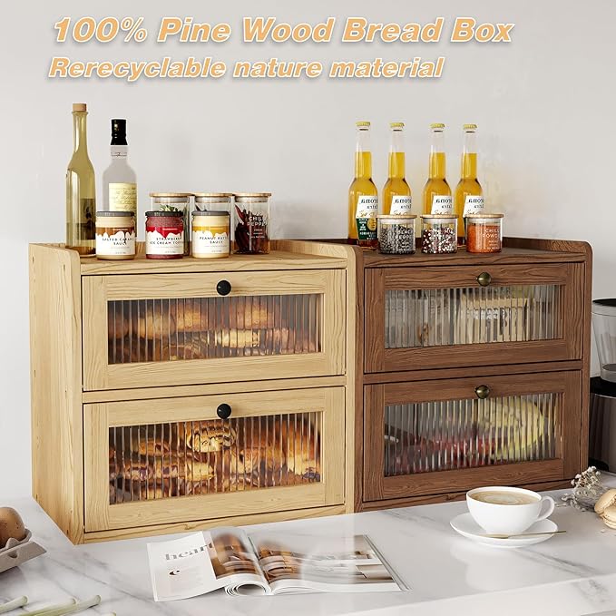 Alpeir Double Layer Large Bread Box for Kitchen Counter, Wooden Corner Bread Storage Container with Acrylic Window, Original