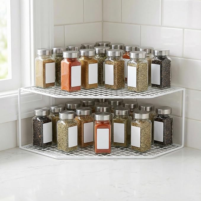 Beavorty 2-Tier Corner Storage Shelf Cabinet Organizer Corner Stand Rack Countertop Shelf Storage for Dishes and Plates Kitchen Cabinet Pantry Cosmetics Makeup Organization 12cm White