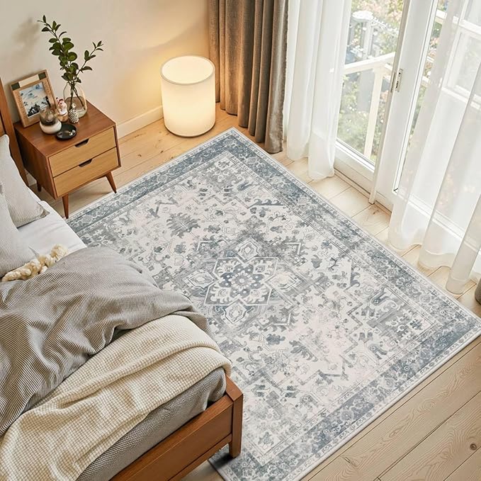 Rugxara 3x5 Washable Entryway Rug, Non Slip Boho Runner Rugs for Hallway, Entrance, Kitchen, Bathroom, Laundry Room, Soft Entryway Carpet, Throw Low Pile Retro Imitation Wool Carpet, Light Blue Grey