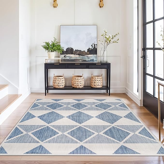 4x5 Washable Entryway Office Rug: Mid Century Modern Area Rugs Geometric Non Slip Soft Low Pile Indoor Carpet for Living Room Bedroom Kitchen Bathroom Entrance (Blue White, 4X5)