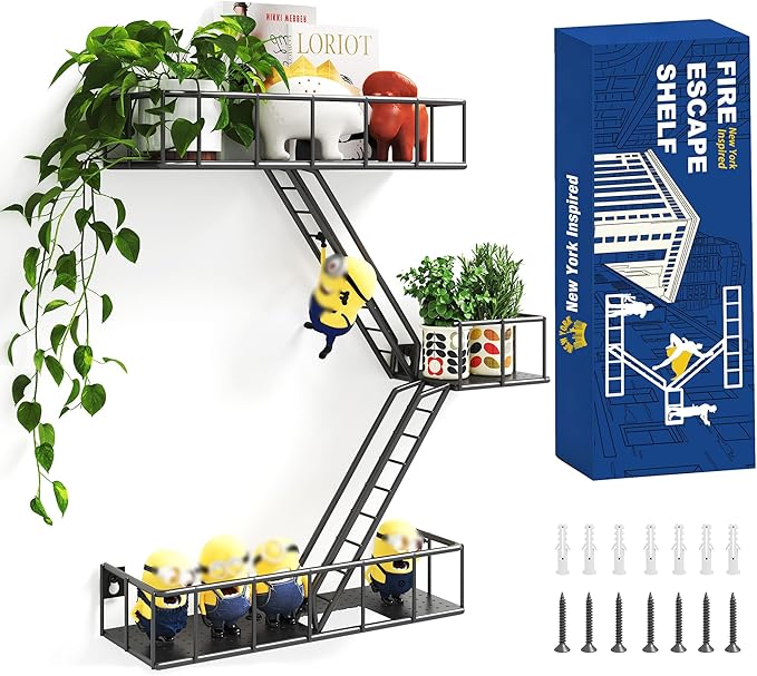 Fire Escape Shelf - 3 Tier Metal Black Fire Escape Wall Shelves with Baskets, New York Action Figurine Display Shelf, Unique Rustic Floating Decorative Wall Shelves for Any Room