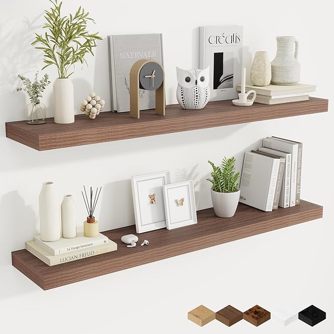 Fun Memories 48 Inch Walnut Floating Shelves, 9.3 Inch Deep Wall Shelves for Living Room|Bedroom|Kitchen, Rusitc Wall Mounted Bathroom Shelves 2 Pack, Heavy-Duty Deep Shelf for Books，Decor