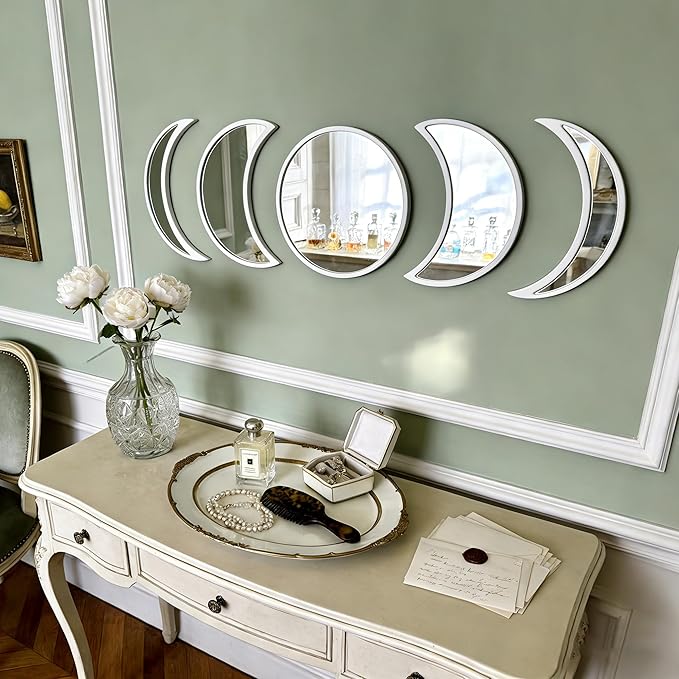 5-piece Set of Moon Phase Mirror Decorations in Nordic Style, Acrylic Mirror paired with Wooden Combination, Bohemian Style Living Room Bedroom Home Decoration, White (White)
