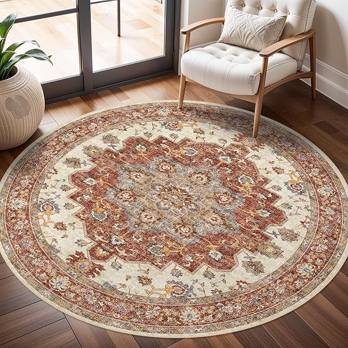 TOPRUUG Washable Oriental Area Rug - 6ft Round Rugs for Living Room Soft Carpet for Bedroom Waterproof Floral Distressed Indoor Stain Resistant Non-Shedding Floor Carpets (Red, 6ft-Round)