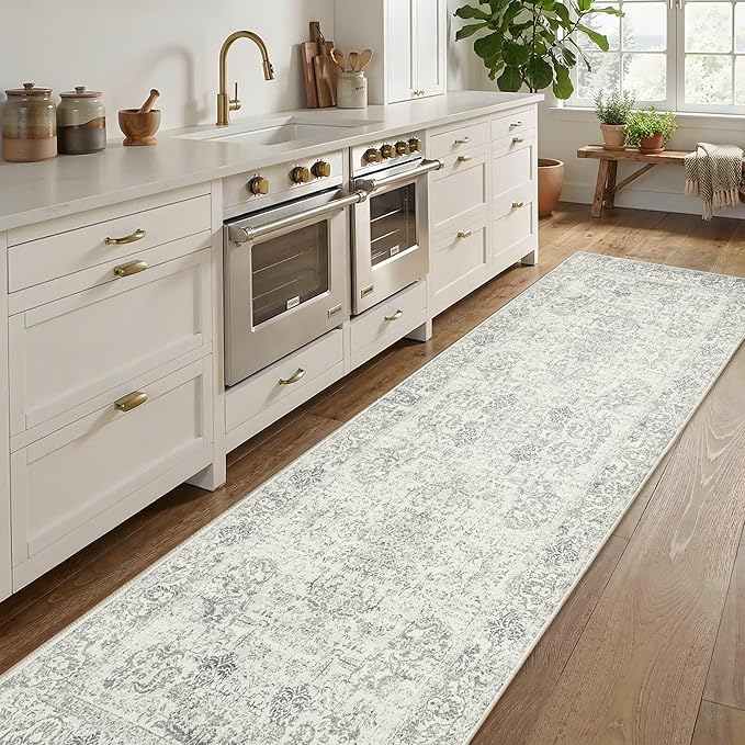 Rugxara 2'6" x 8' Hallway Runner Rug, Non Slip Boho Runner Rugs for Hallway, Kitchen, Entrance, Bathroom, Laundry Room, Soft Ultra-Thin Entryway Carpet, Throw Low Pile Retro Carpet, Grey
