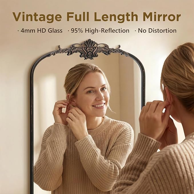 Besdomus Arched Mirror Full Length: 21"x56" French Black Vintage Full Body Mirror - Floor Antique Baroque Traditional Ornate for Entryway/Cloakroom/Bedroom/Living Room - Home Decor for Homemakers
