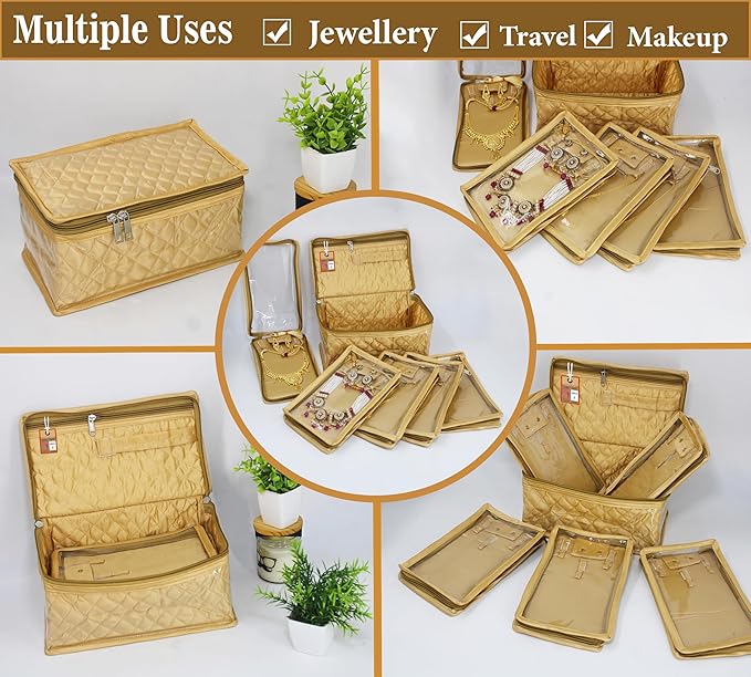 atorakushon Satin Makeup Kit Travel Jewelry Organizer Locker Box Pouches Clutch Bag for Necklaces Earrings Rings and Bracelets Golden Color