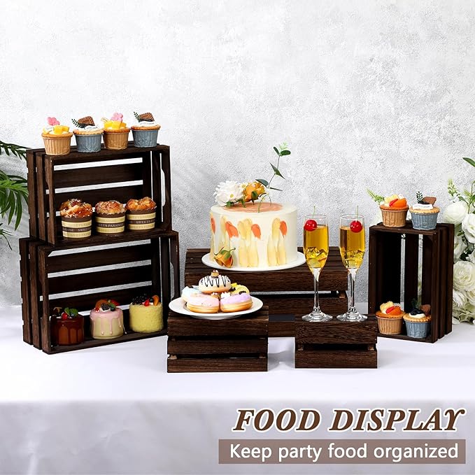 CroBlissful 6 Pcs Decorative Wood Crates for Storage Display Rustic Nesting Crates with Handle Farmhouse Wooden Storage Container Boxes for Wedding Baby Shower Birthday Party(Vintage Dark Brown)