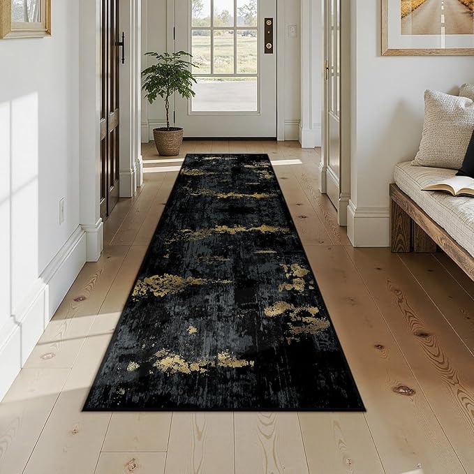 RELEANY Washable Area Rugs 2x9 Non-Slip Modern Abstract Soft for Living Room Entryway Bedroom Nursery, Print Pattern, Dark Black Gold
