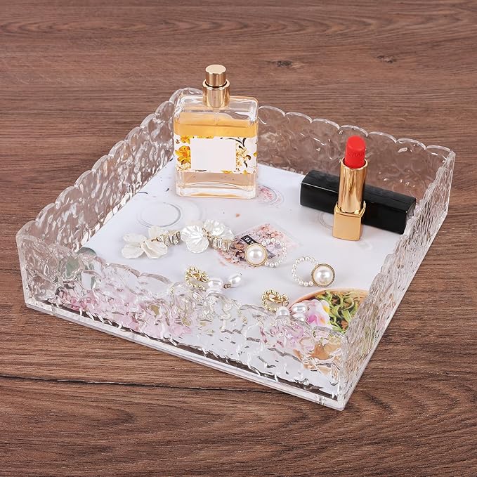 8"x8" Scalloped Acrylic Tray with Magnetic Mat - All-in-One Organizer for Jewelry, Makeup, Desk & Vanity, 2-in-1 as Tray & Photo Stand, for Women, Mom, Bride