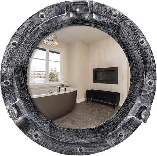 10 Inch Bathroom Wall Decor Ship Porthole Mirror with Antique Gray Finish – Vintage Round Wall Mounted Mirror for Bathroom Vanity, Nautical Pirate Coastal Vintage Home Décor