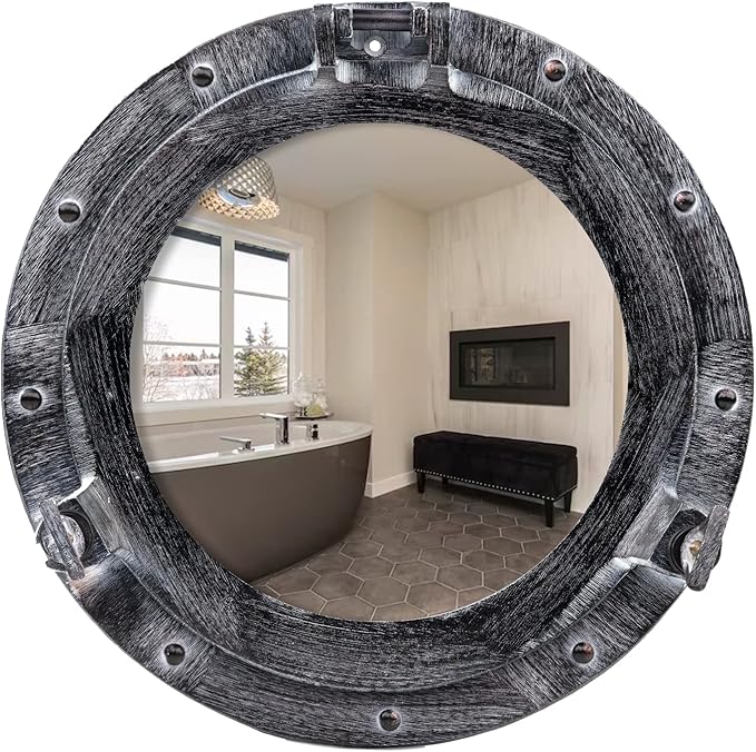 8 Inch Bathroom Wall Decor Ship Porthole Mirror with Antique Gray Finish – Vintage Round Wall Mounted Mirror for Bathroom Vanity, Nautical Pirate Coastal Vintage Home Décor