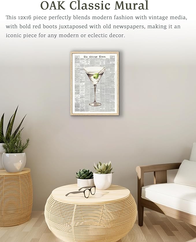 EcoHest Trendy Newspaper Martini Framed Wall Art, 12x16 in OAK Wood Retro Bar Cart Canvas Art, Magazine Aesthetic Apartment Art, Beige Logs Funky 70's Set of 1 for Bedroom Living Room