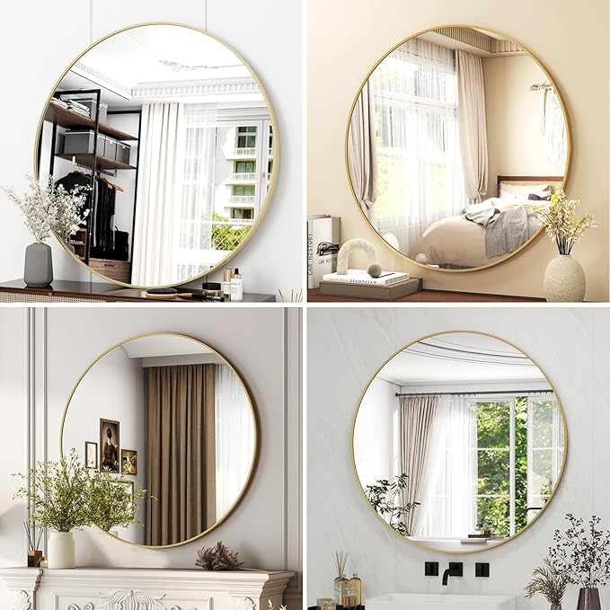 42 Inch Round Bathroom Mirror - Gold Wall Mounted Circle Mirror with Metal Frame, Modern Round Hanging Mirror Suitable for Bathroom, Vanity, Entryway, Living Room