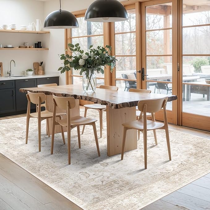 Rugxara Area Rugs 5x7, Washable Rugs for Living Room, Vintage Boho Beige Rug for Office, Dining Room, Kids Room and Farmhouse, Durable Low Pile Non-Slip Area Rug for High Traffic Areas