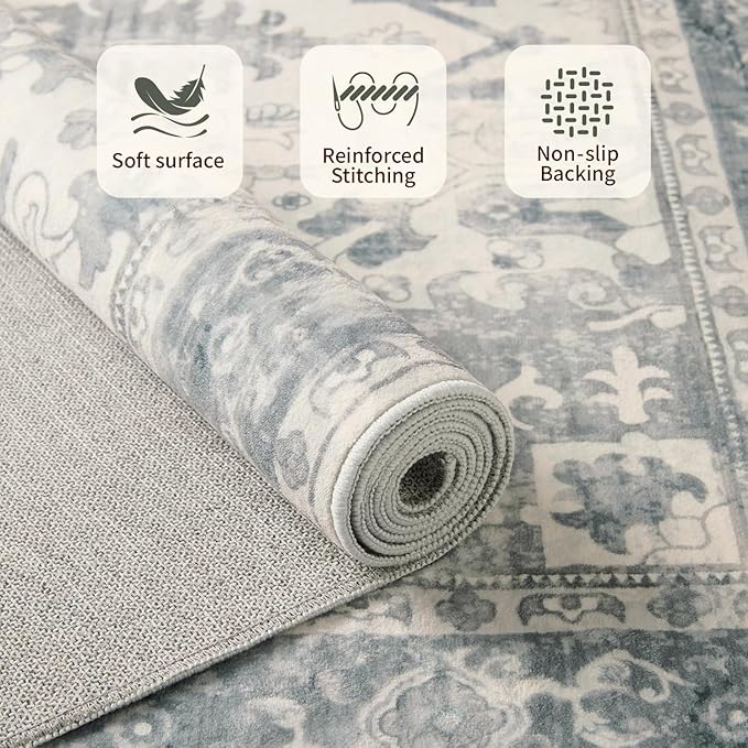 Rugxara 2x5 Hallway Runner Rug, Non Slip Boho Runner Rugs for Hallway, Kitchen, Entrance, Bathroom, Laundry Room, Soft Ultra-Thin Entryway Carpet, Throw Low Pile Retro Imitation Wool Carpet, Blue Grey