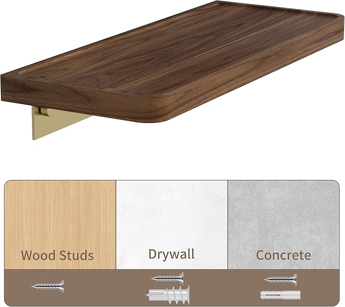 Danpoo 12 inch Floating Walnut wall Shelf, Small Wood Shelf for wall, Waterproof Wooden Shelf for Bathroom