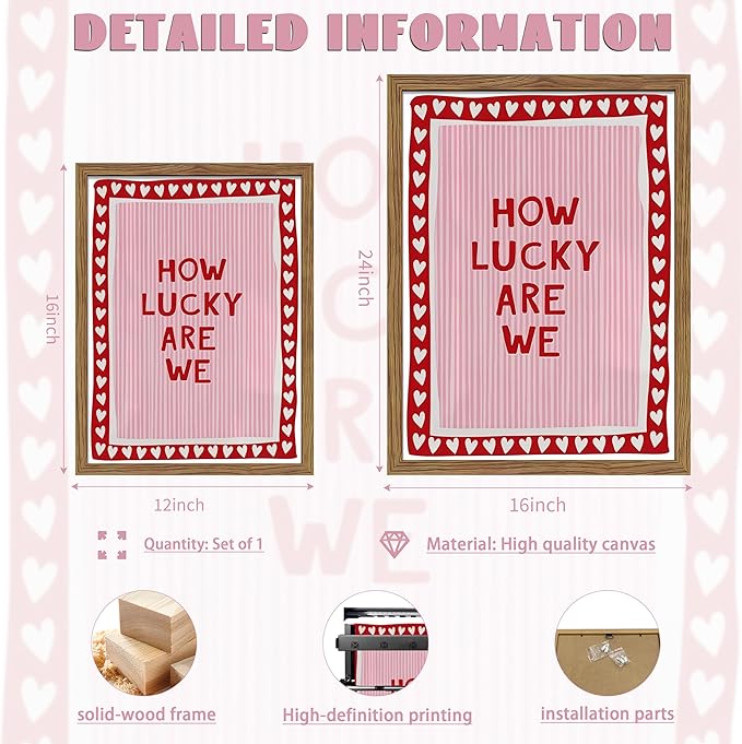 Framed How Lucky Are We Wall Art, Vintage Pink Inspirational Canvas Wall Decor Painting, Trendy Preppy Stripe Romantic Quotes Posters Prints Pictures for Bedroom Dorm Valentine Gift 16x24 Inch