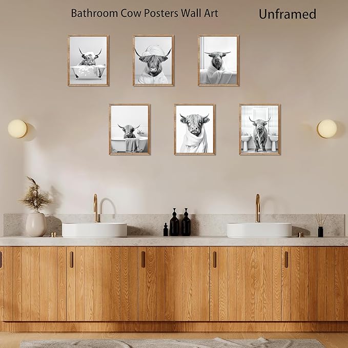 SEHSUVC Funny Bathroom Cow Posters Wall Art Set of 9, Vintage Black and White Highland Cow Canvas Wall Decor Painting, Humor Animals Pictures Prints for Bedroom Bathroom Childrenroom 8x10In Unframed