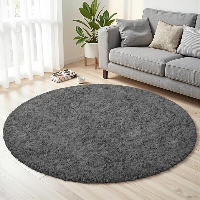 Dark Gray Round Fluffy Rug 5ft Plush Fuzzy Shaggy Carpet,Soft Rugs for Living Room for Nursery,Preppy Dorm,Classroom,Playroom,Teen,Baby Home Decor (Dark Gray 5"x5")