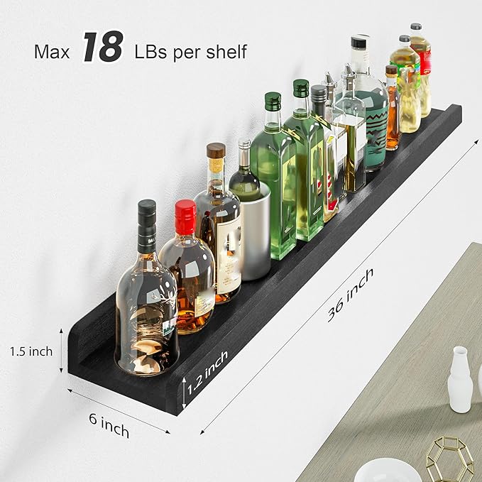 Love-KANKEI 36 Inch Long Floating Shelves Wall Mounted Set of 2, Large Wood Wall Shelves for Storage,Rustic Hanging Shelves for Display,Bedroom, Living Room,Bathroom,Kitchen, Black